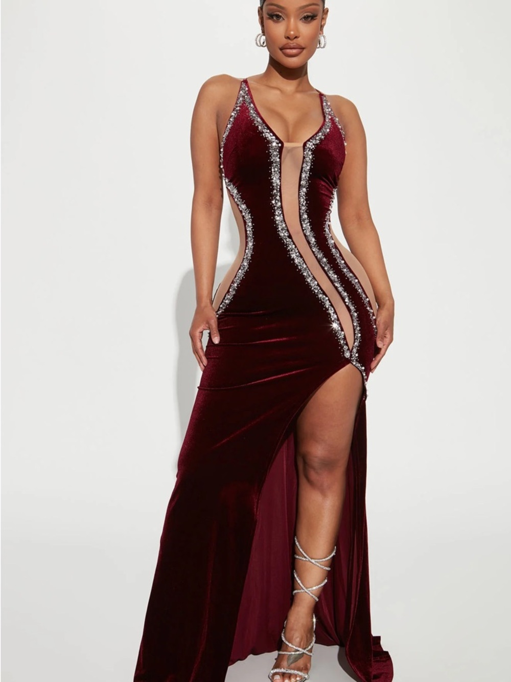 Fashion Nova Burgundy Velvet Crystal-Trim Cutout Prom Gown